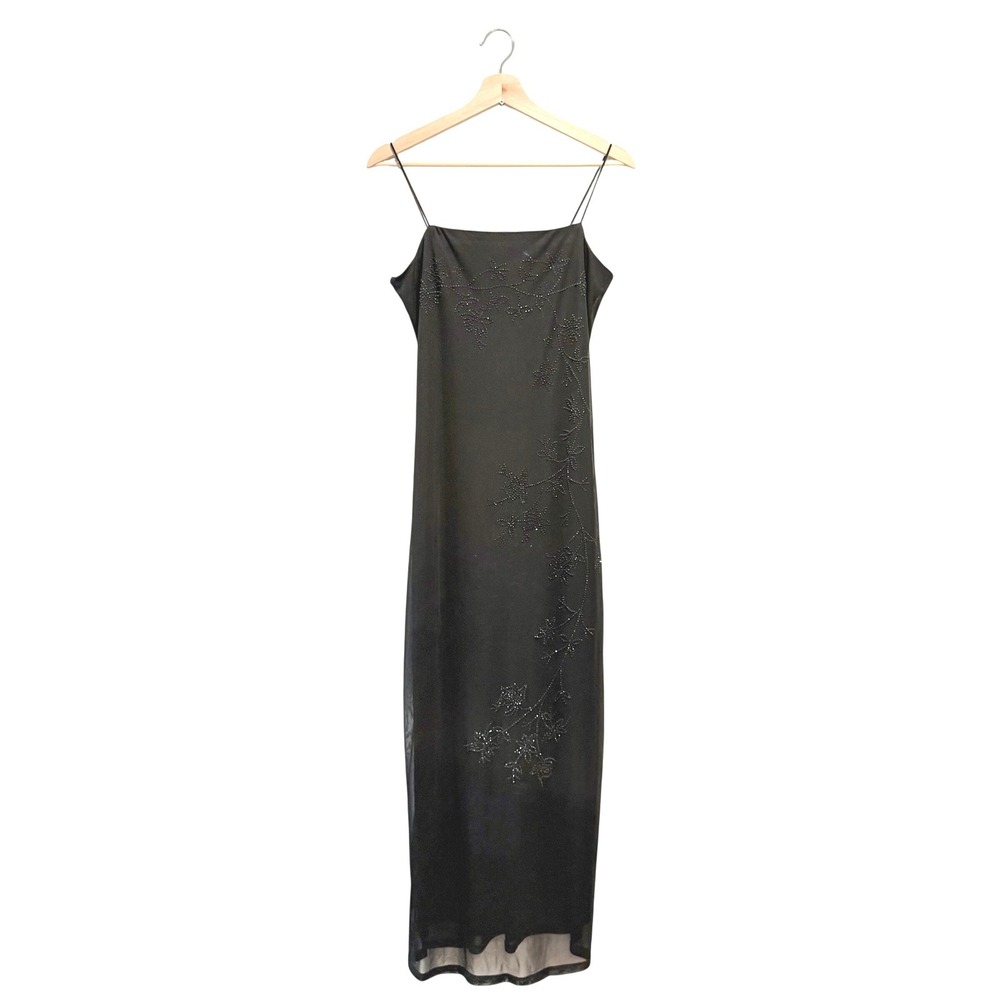 Vintage 90's Byer Too California Black Beaded Floral Mesh Maxi Dress Medium
